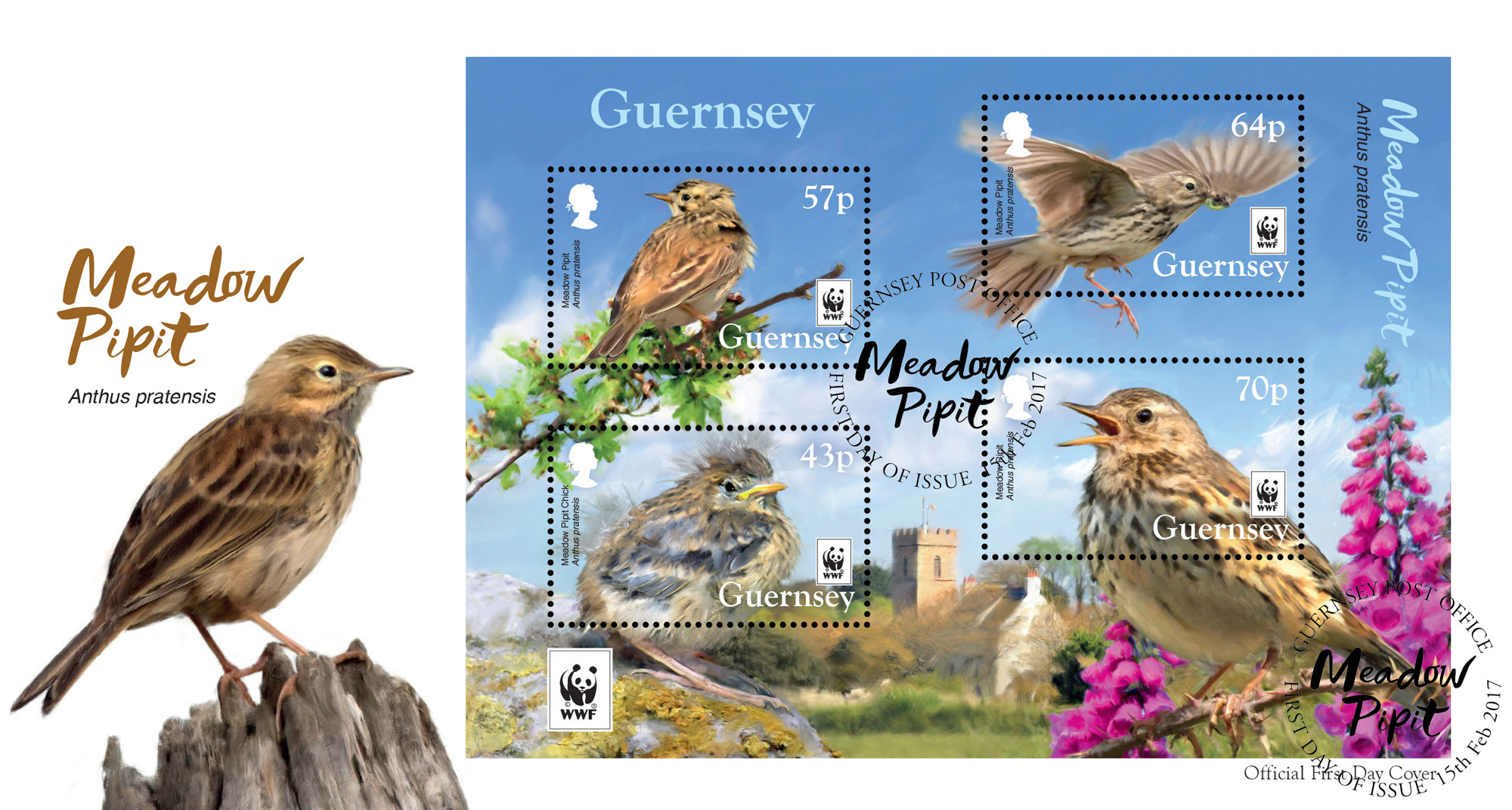 2017 WWFMeadow Pipit FDC with sheet