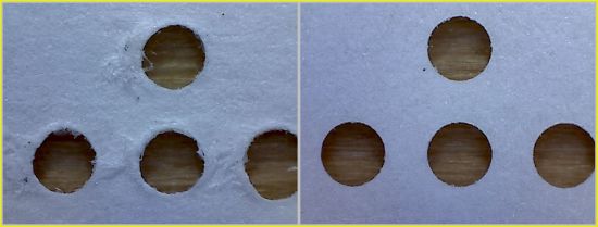 Vergleich der Zähnung von hinten – links die echte Marke mit Schleifperforation, rechts die Fälschung mit erkennbarer Kammperforation